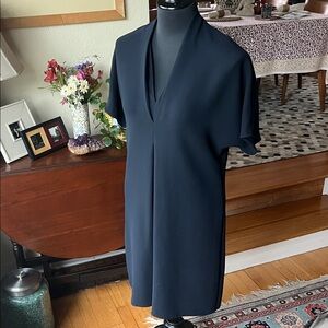 Vince Navy inverted pleat double V-Neck shift dress, small.